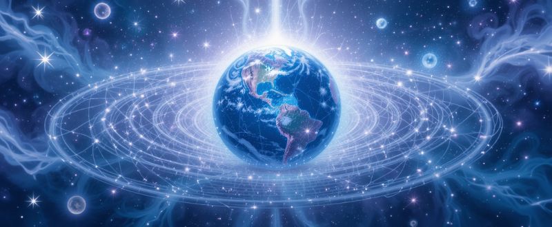 3 Teorias Sobre Consciência Universal. Ilustração artística de um campo de energia cósmica ao redor da Terra, representando teorias sobre Consciência Universal.