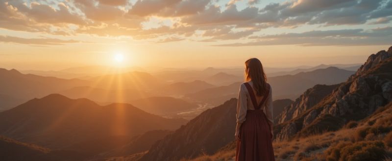 4 Barreiras que Bloqueiam Seu Autoconhecimento. Mulher em pé no topo de uma montanha ao nascer do sol, simbolizando a superação de barreiras para o autoconhecimento.