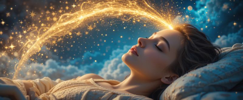 4 Benefícios do Sonho Lúcido Consciente. Pessoa dormindo com espírito sonhador flutuando acima, envolto por luz dourada e estrelas.