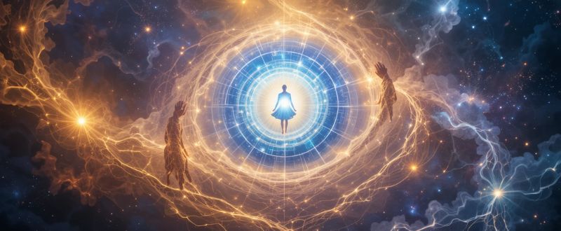 4 Conceitos Chave do Espiritismo Atual. Alma representada como uma esfera luminosa passando por várias encarnações.