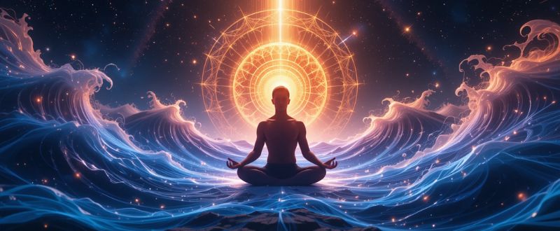 4 Descobertas Sobre Energia e Consciência. Pessoa meditando em posição de lótus cercada por ondas de energia e luz, representando a conexão entre energia e consciência.