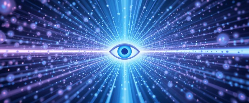 5 Experimentos Quânticos e Consciência. Representação do experimento da dupla fenda com partículas de luz e um olho observando, simbolizando Experimentos Quânticos e Consciência.