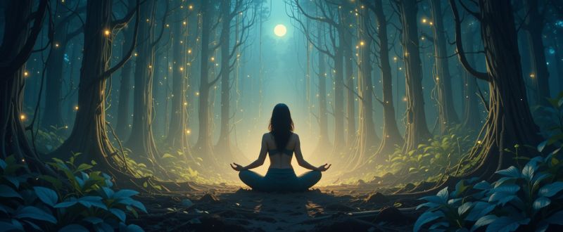 5 Lições Espirituais com Ayahuasca. Pessoa meditando na floresta, cercada por cipós de ayahuasca e luz suave, simbolizando as lições espirituais com ayahuasca.
