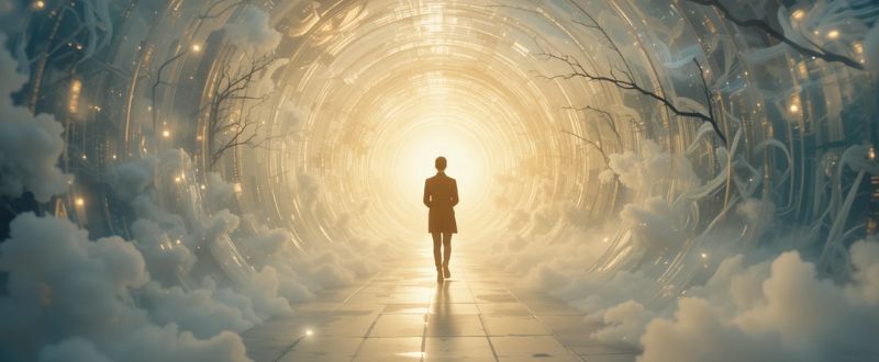 6 Efeitos Psicológicos Após EQMs que Transformam a Vida das Pessoas. Pessoa atravessando um túnel de luz representando o início de uma profunda transformação psicológica após uma EQM.