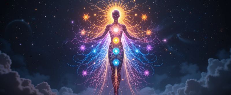 6 Ensinamentos da Teosofia para o Autoconhecimento. Silhueta humana com sete camadas energéticas brilhantes, flutuando no espaço.