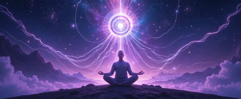 6 Sinais Quânticos de Conexão Espiritual. Pessoa meditando sob o céu cósmico com linhas de energia conectando ao universo, representando conexão espiritual.