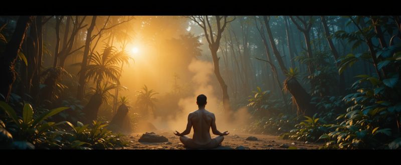 “Amanhecer espiritual em cerimônia de Ayahuasca, simbolizando os Sintomas Comuns Após Ayahuasca.”