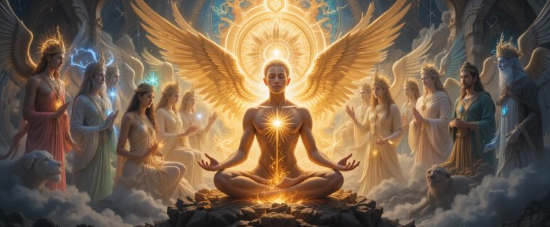 6 Tipos de Guias Espirituais Que Podem Ajudar em Sua Jornada. Guias espirituais diversos cercando uma pessoa em meditação, irradiando luz.
