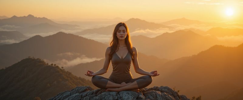 6 Tipos de Meditação para Autoconhecimento. Mulher meditando ao nascer do sol em posição de lótus, simbolizando os tipos de meditação para autoconhecimento.