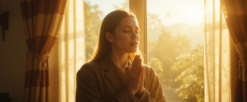 7 Provas Científicas do Poder da Oração. Pessoa em oração com luz do sol ao amanhecer, representando o poder da oração.