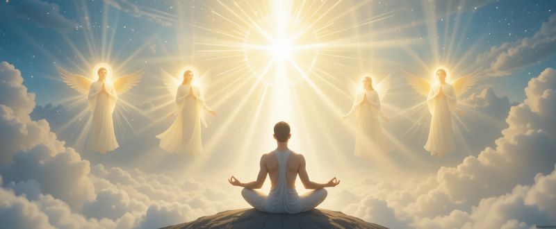 7 Tipos de Seres de Luz e Suas Funções. Tipos de Seres de Luz cercando uma pessoa em meditação com luz radiante.