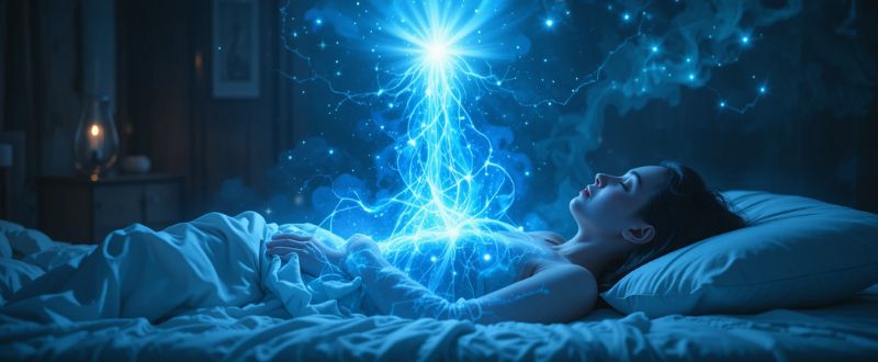 8 Dúvidas Frequentes Sobre Projeção Astral. Cena de projeção astral com corpo espiritual flutuando acima de um corpo adormecido, envolto em energia azul brilhante.