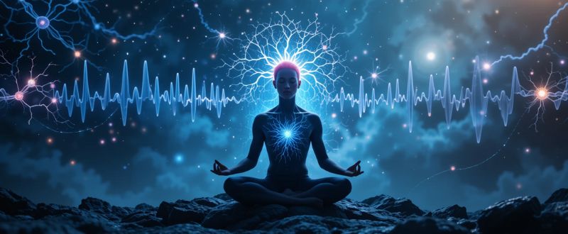 8 Fatos Científicos Sobre Meditação. Pessoa meditando com ondas cerebrais brilhantes e fundo cósmico, representando os benefícios científicos da meditação.