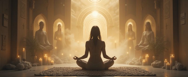 8 Passos Para Conectar com Guias Espirituais. Pessoa em meditação rodeada por luz de guias espirituais em ambiente calmo.