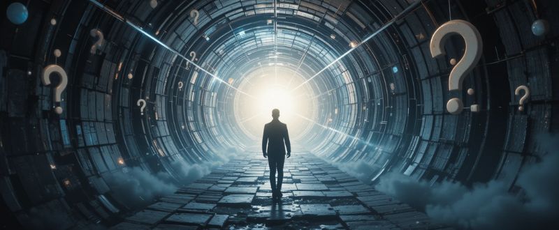 8 Perguntas Frequentes Sobre EQMs: Entenda Esse Fenômeno Misterioso. Pessoa caminhando por um túnel de luz cercado por perguntas, representando a busca por respostas sobre as EQMs.
