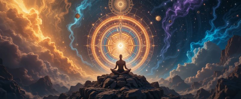 8 Sinais de que a Lei do Karma está Ativa na Sua Vida. Cena espiritual com roda energética em movimento e símbolo do karma em destaque.