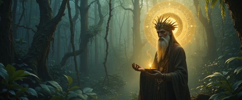 9 Mitos e Verdades sobre Ayahuasca. Xamã com Ayahuasca em floresta amazônica sagrada com luz espiritual.