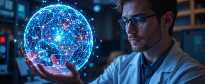 A Ciência Já Estuda Seres de Outras Dimensões? Descubra o Que Já Foi Investigado. Cientista com holograma de universo brilhante, simbolizando o início das pesquisas dimensionais.