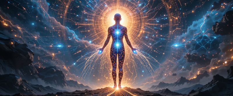 O Futuro da Humanidade: A Integração Entre Ciência e Espiritualidade. Arte futurista mostrando a integração entre ciência e espiritualidade