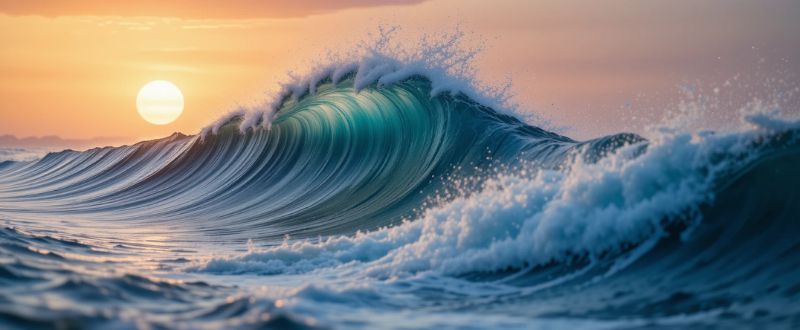 A Lei do Ritmo e os Ciclos da Vida: Como Navegar os Altos e Baixos com Consciência. Onda do mar subindo e descendo sob o nascer do sol, simbolizando o ritmo da vida.
