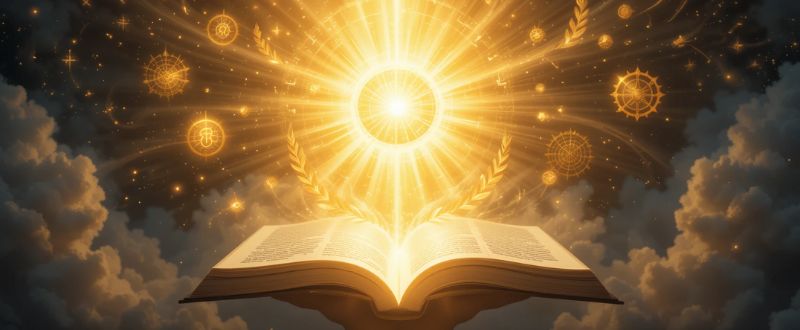 As 4 Leis Espirituais Sobre Prosperidade que Transformam Sua Vida. Mão aberta com um livro dourado irradiando luz e símbolos espirituais da prosperidade.