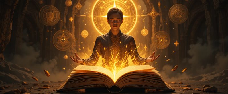 Como Aplicar os 6 Princípios Herméticos no Dia a Dia. Livro antigo brilhante se abrindo diante de uma pessoa em meditação, com símbolos herméticos no ar.