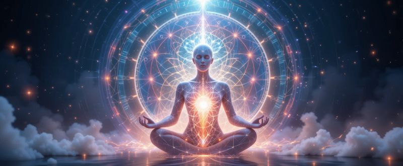 Como Aumentar Sua Vibração e Atrair Bem-Estar Físico, Mental e Espiritual. Pessoa meditando com aura brilhante e colorida cercada por padrões geométricos de energia, representando como aumentar sua vibração.