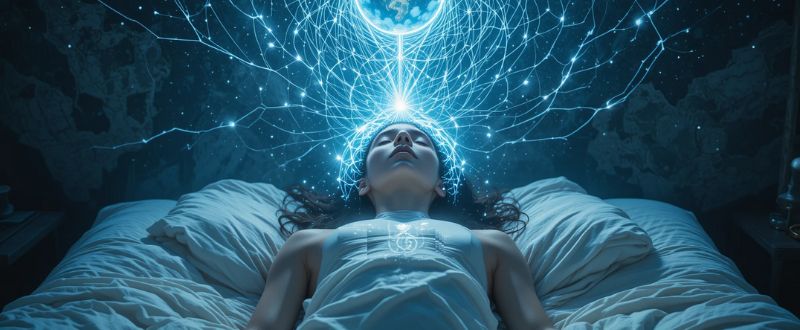 Erros Comuns na Prática da Projeção Astral (e Como Evitá-los). Pessoa deitada com luz energética acima, simbolizando preparação para projeção astral.
