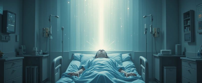 Existe Explicação Científica para as EQMs ou São Provas do Além? Pessoa deitada em leito hospitalar com túnel de luz acima, simbolizando experiências de quase morte.