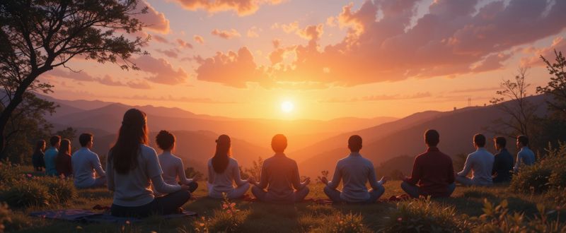 Filosofias Espiritualistas e o Novo Paradigma de Consciência Planetária. Pessoas meditando na natureza ao nascer do sol, simbolizando o despertar do novo paradigma de consciência planetária.