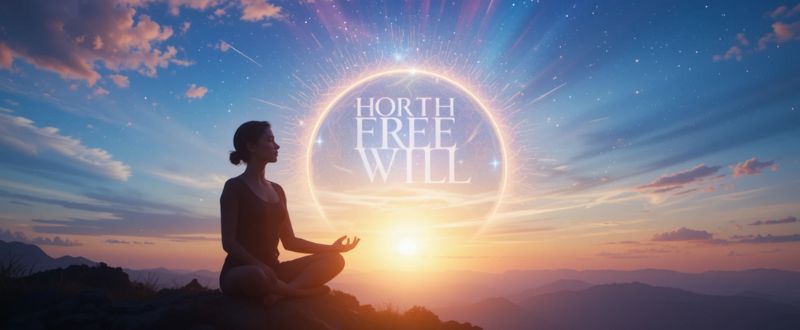 O Papel do Livre-Arbítrio nas Filosofias Espiritualistas. Nascimento do livre-arbítrio em uma alma, com luz tocando uma silhueta em meditação ao nascer do sol.