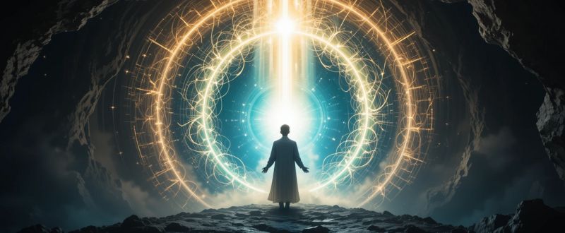 O Que a EQM Ensina Sobre Propósito da Vida? Pessoa em experiência de quase morte com túnel de luz, simbolizando transformação espiritual.