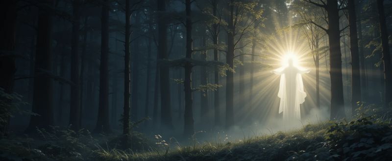 Seres de Luz Existem? Mito, Fé ou Realidade Espiritual? Figura luminosa de luz em uma floresta escura, irradiando paz e esperança.