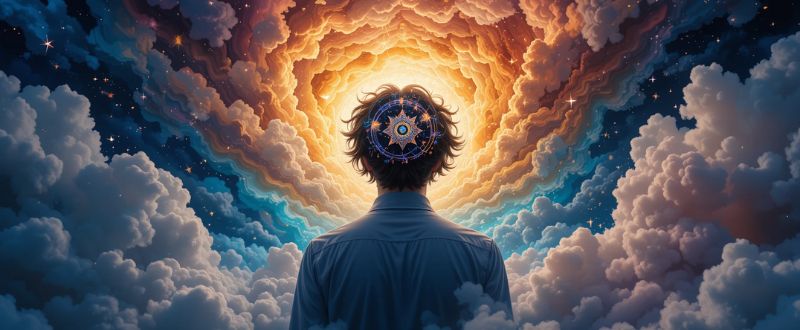 Sonho Lúcido como Porta de Entrada para o Mundo Espiritual. Pessoa consciente dentro de um sonho colorido e vívido, simbolizando sonho lúcido.
