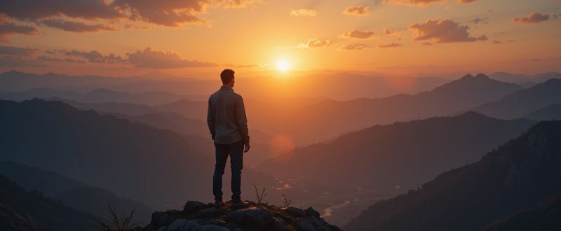 Pessoa contemplando o nascer do sol no topo da montanha, simbolizando o despertar interior por meio de frases que inspiram autoconhecimento.
