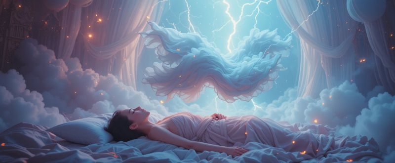 Pessoa flutuando acima do corpo adormecido, cercada por luz brilhante e atmosfera mística.