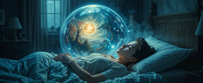 Pessoa deitada na cama com uma bolha de sonho brilhante acima da cabeça, mostrando uma cena vívida.