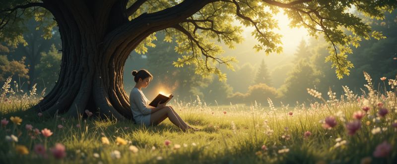Cena serena de uma pessoa lendo um livro iluminado sob uma árvore, simbolizando o início da jornada de autoconhecimento.