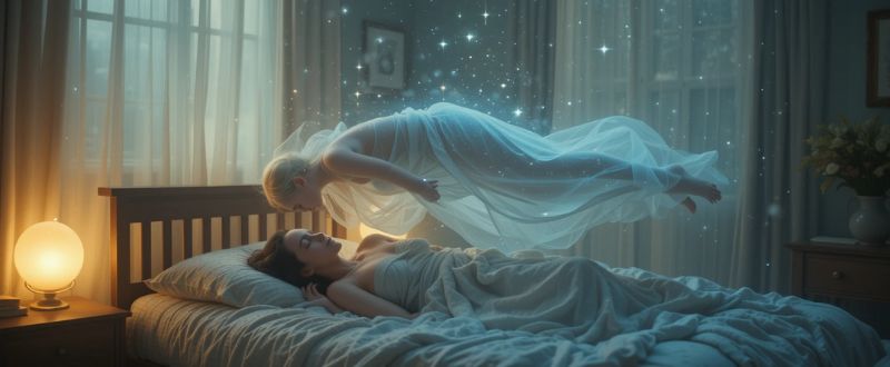 Pessoa flutuando acima do corpo enquanto dorme, com brilho etéreo e atmosfera espiritual.