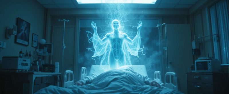 Espírito translúcido flutuando acima do próprio corpo em uma Experiências de Quase Morte.