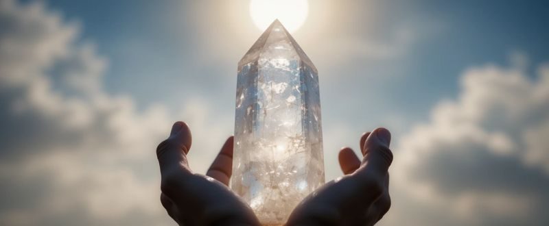 Mãos segurando cristal sob a luz da lua para programar intenções de cura energética.