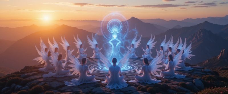 Seres espirituais de luz reunidos em meditação no topo de uma montanha.