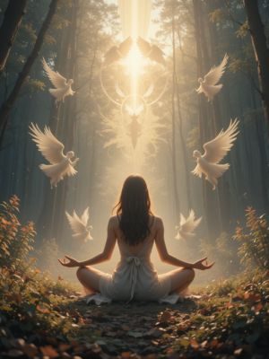 Mulher meditando na natureza cercada por luz espiritual e silhuetas angelicais.