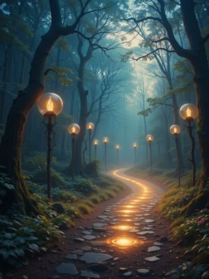 Caminho iluminado em floresta mística com orbes de luz guiando.