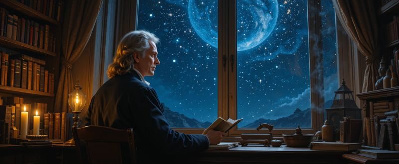Isaac Newton contemplando o céu noturno com padrões celestiais.