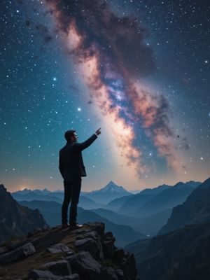 Carl Sagan apontando para galáxias em um céu surreal com formas humanas.