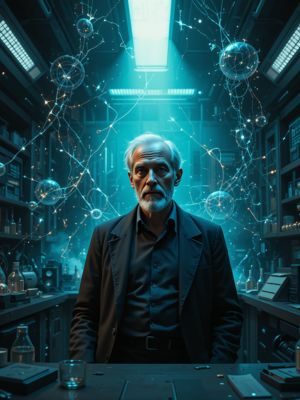 Heisenberg em um laboratório quântico cercado por fórmulas flutuantes.