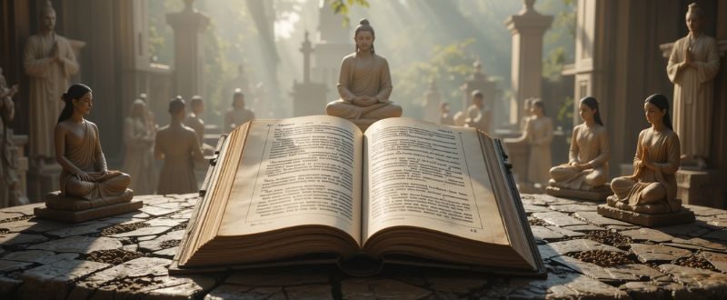 Manuscrito espiritual sobre um altar de pedra com figuras etéreas ao redor.