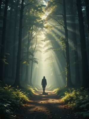 Caminho iluminado por raios de luz em uma floresta com uma figura caminhando para o despertar.