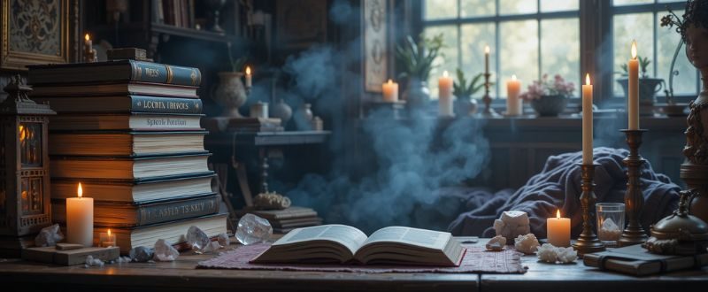 Livros sobre projeção astral empilhados em ambiente espiritual com velas e cristais ao redor.
